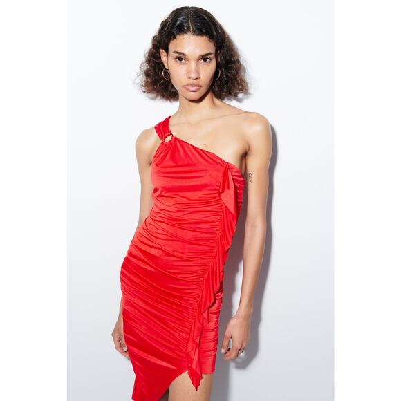ZARA Asymmetric One Shoulder Draped Ruffle Bodycon Midi Dress in Red - Picture 3 of 11